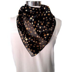 VINTAGE BLACK SCARF WITH GOLD STARS, POLYESTER